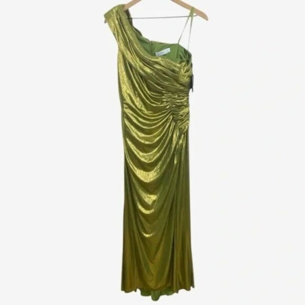 Mac Duggal Size 12 Green Off The Shoulder Ruched Metallic Long Maxi Gown Dress - Picture 4 of 6